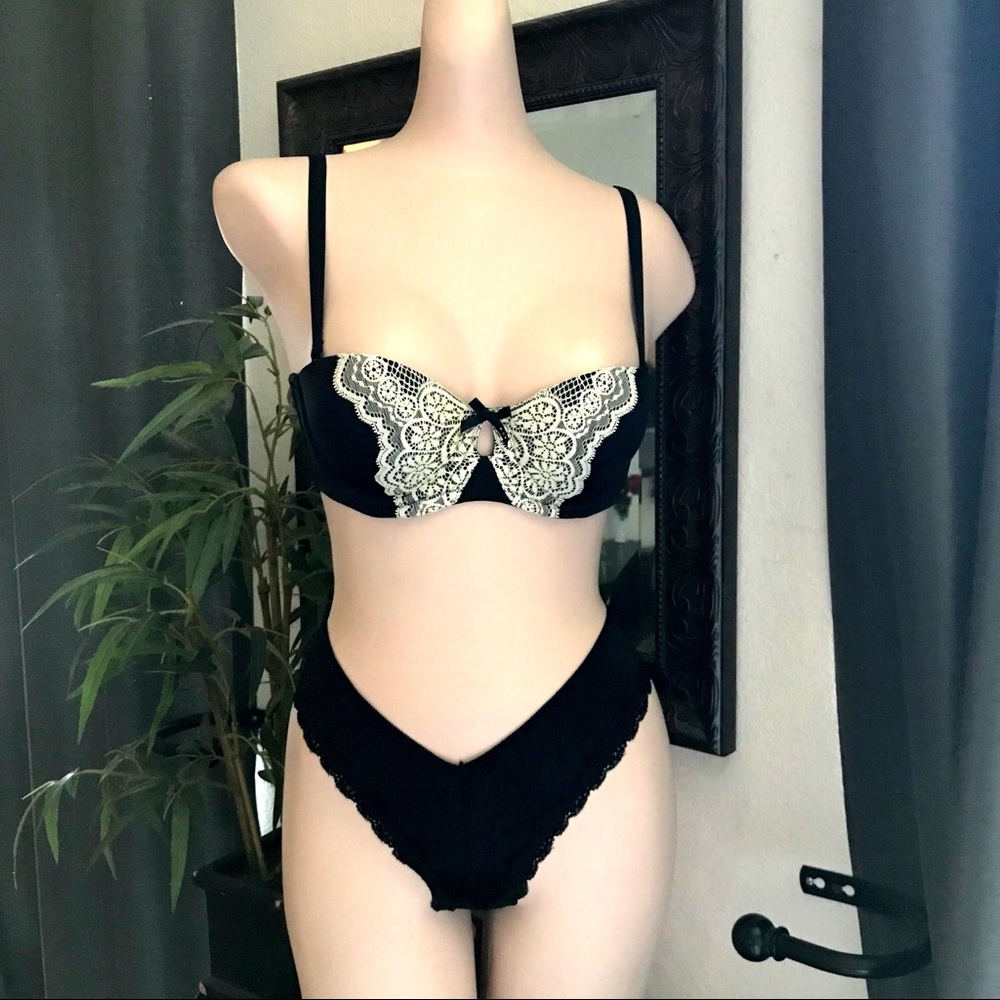 Black/Cream Butterfly Balconette Push Up Bra Set